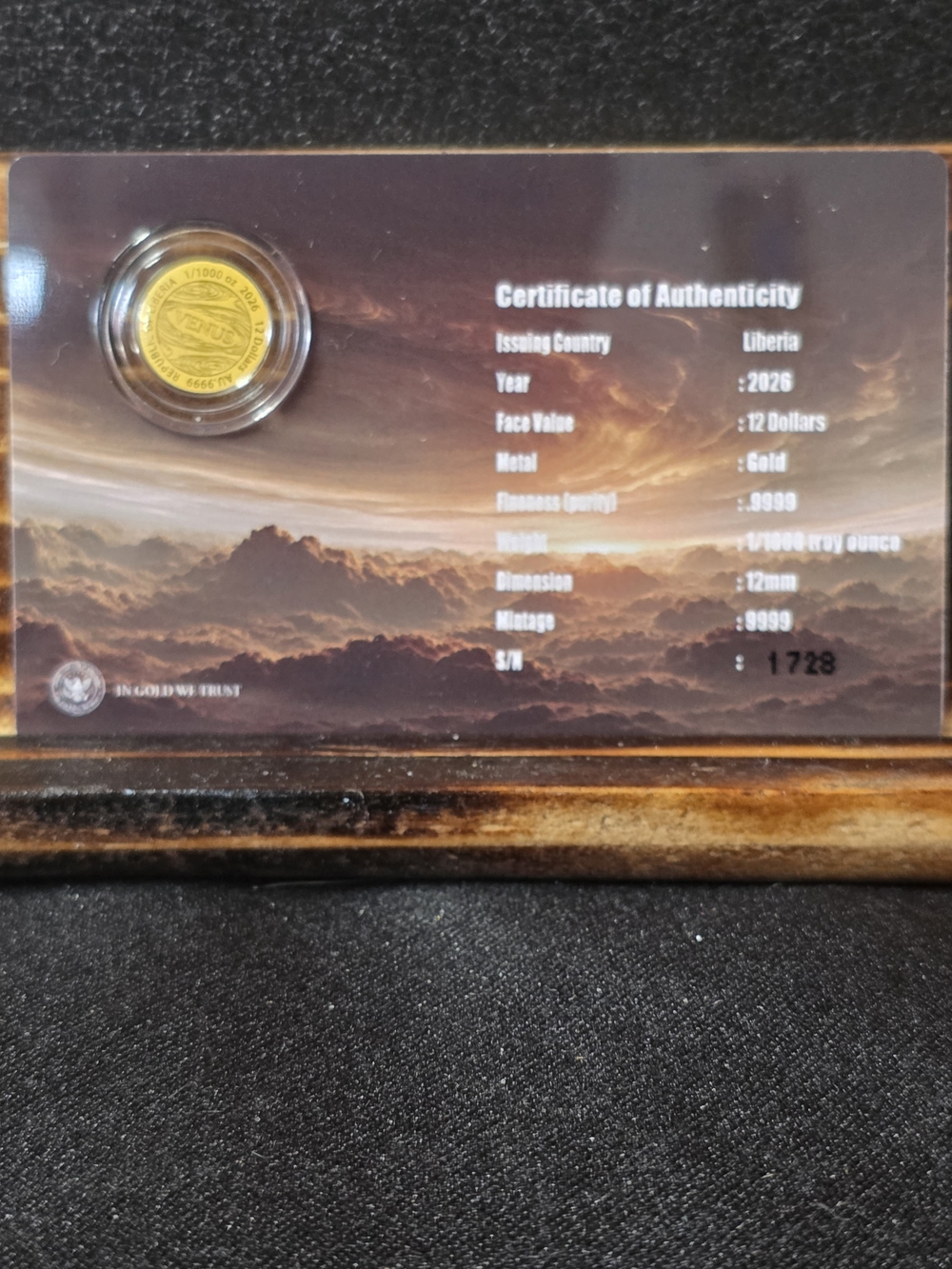 2026 Liberia Venus Gold Coin 1/1000 oz .9999 Gold COA